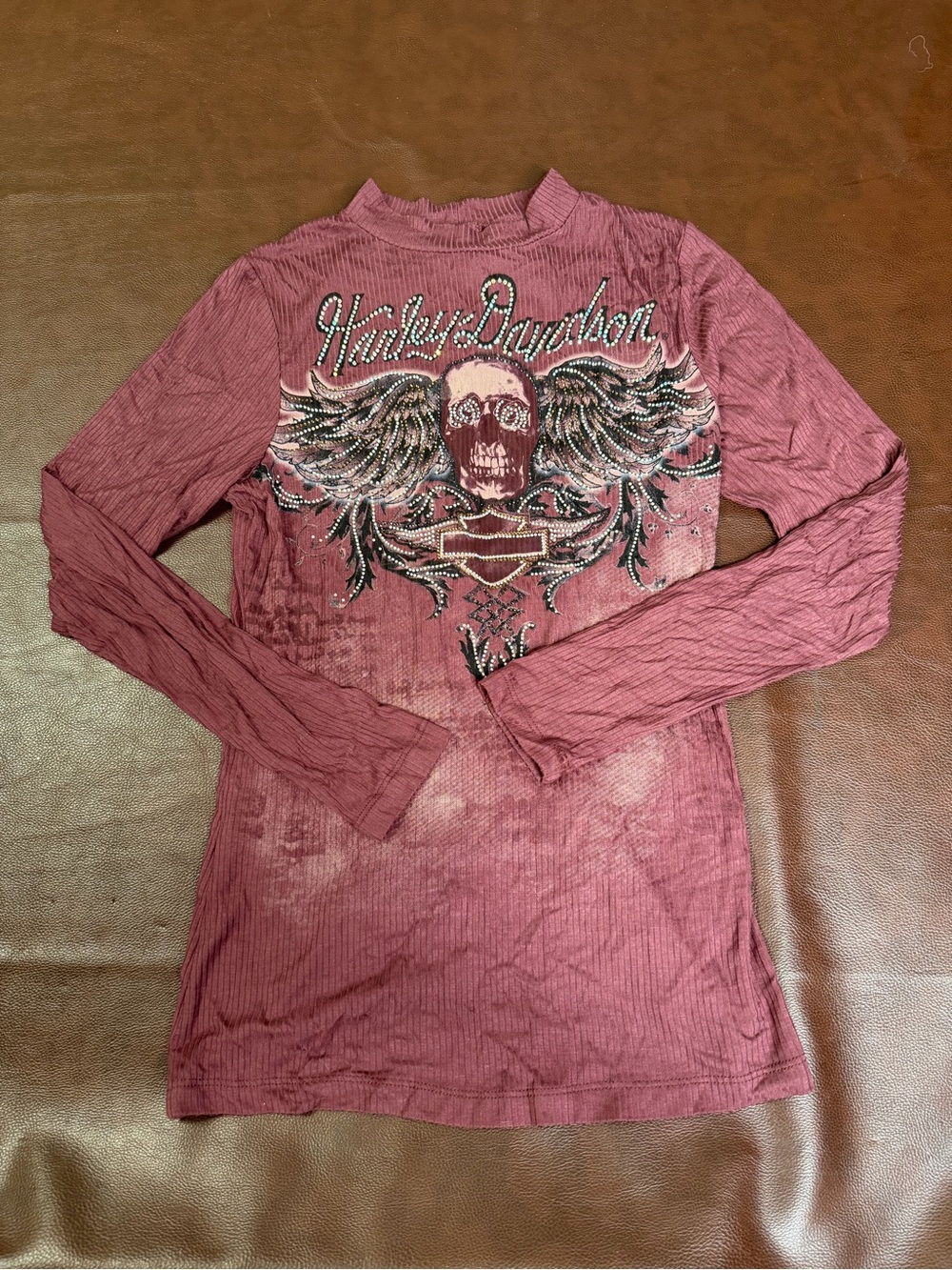 Harley-Davidson Women's Long Sleeve Embellished Skull Tee in Dusty Rose
